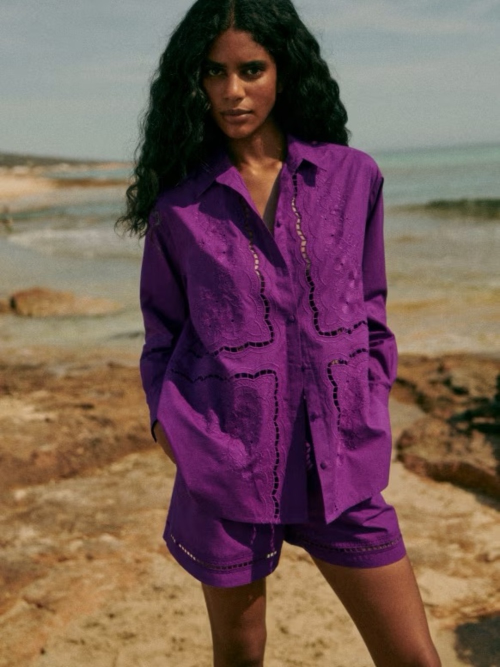 Sezane Maxy Oversized Button-Down Shirt in Purple FR36/US4 100% Cotton